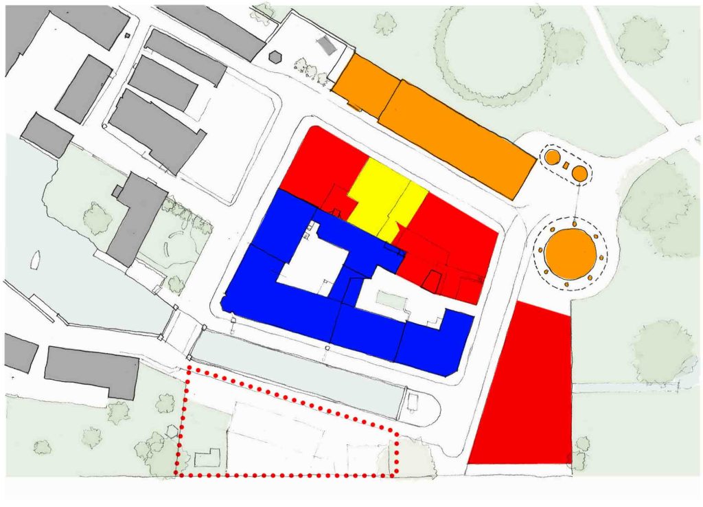 Plan over området for projektet. De blå viser den næsten færdige Havnegade-etape, det orange området med Pouls Radio og Plakatmuseet, mens den rød-gule del af karreen vil rumme både 1974 og 2014.  På det røde felt under den cirkulære pavillon skal der opføres en ny hovedindgang og det stiplede område viser byggefeltet for Sydhavnen. 